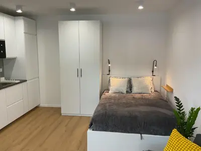 a bedroom with a large bed and white cabinets at Apartma Tomy in Domžale