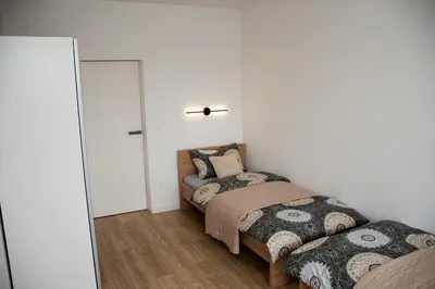 a bedroom with two beds and a mirror at Vila Altura- Luxury Hiltop Retreat with Panoramic View & Teracce in Rogaška Slatina