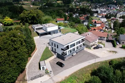 an aerial view of a large white house at Vila Altura- Luxury Hiltop Retreat with Panoramic View & Teracce in Rogaška Slatina