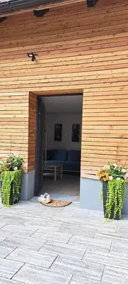 an entrance to a building with two potted plants at Apartma BoMa in Bovec