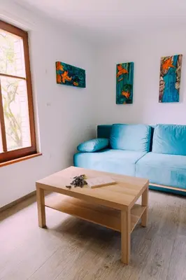a living room with a blue couch and a coffee table at Apartma BoMa in Bovec