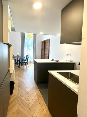 a kitchen with a sink and a table in it at K-12 Loft Apartments in Ljubljana