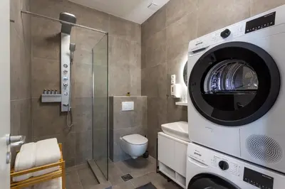 a bathroom with a toilet and a washing machine at Vila Slovenka in Celje