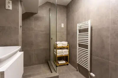 a bathroom with a shower and a rack with towels at Vila Slovenka in Celje