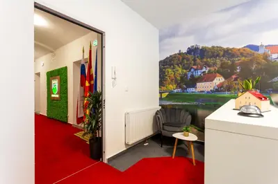 a hallway with a red carpet and a room with a view at Vila Slovenka in Celje