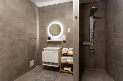 a bathroom with a sink and a mirror at Vila Slovenka in Celje