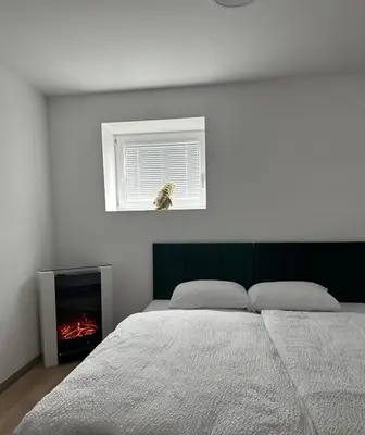 a white bedroom with a bed and a fireplace at Apartma Center Ljutomer in Ljutomer
