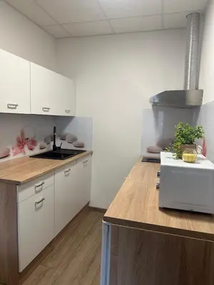 a kitchen with white cabinets and a counter top at Apartma Center Ljutomer in Ljutomer