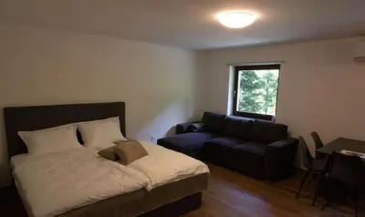 a small bedroom with a bed and a couch at Stara ribogojnica & Pohorska postrv in Ruše