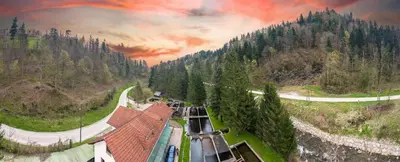 an aerial view of a train station in a forest at Stara ribogojnica & Pohorska postrv in Ruše