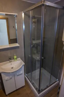a bathroom with a shower and a sink at Stara ribogojnica & Pohorska postrv in Ruše