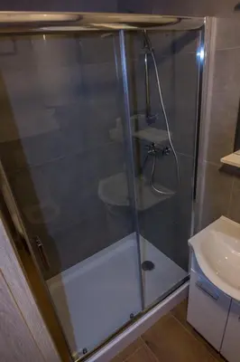 a shower with a glass door next to a sink at Stara ribogojnica & Pohorska postrv in Ruše