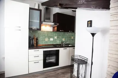 a kitchen with white cabinets and a sink at Rosa di Pirano con Terrazza in Rove