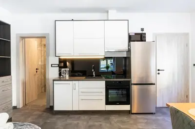 a kitchen with white cabinets and a stainless steel refrigerator at Apartmaji na Pošti in Podsreda