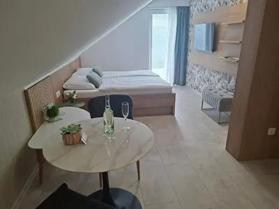 a small room with two tables and a bed at APARTMA BriGITA in Gorica pri Slivnici