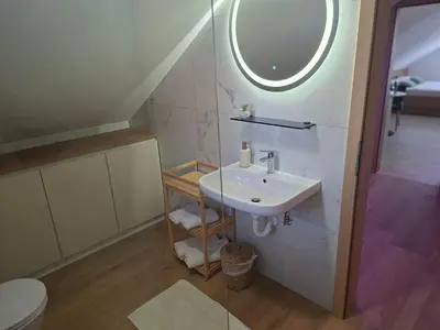 a bathroom with a sink and a mirror at APARTMA BriGITA in Gorica pri Slivnici