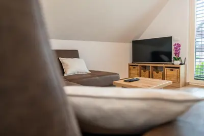 a living room with a couch and a tv at Apartma Urška in Bohinj