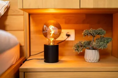 a light bulb and a vase on a table at Apartma Urška in Bohinj