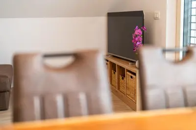 a room with a tv and a flower on a table at Apartma Urška in Bohinj