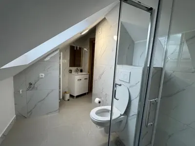 a bathroom with a toilet and a walk in shower at Citybase Rooms in Ljubljana