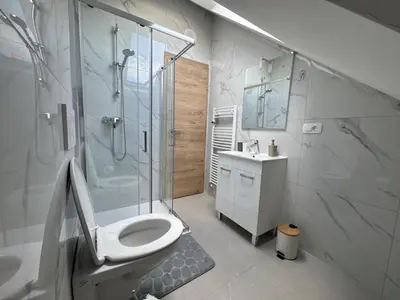 a bathroom with a shower and a toilet and a sink at Citybase Rooms in Ljubljana