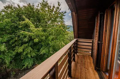a balcony with a view of a tree at Log Cabin Vista View with Seasonal Hot Tub in Bizeljsko