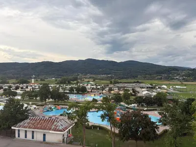 an aerial view of a water park at Ferienhaus Čatež Holzhaus an der Therme Čatež in Brežice