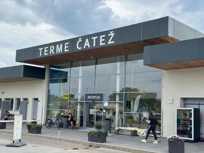 a store with a sign that reads terne cartez at Ferienhaus Čatež Holzhaus an der Therme Čatež in Brežice