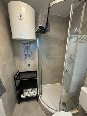 a bathroom with a shower and a sink and a toilet at Ferienhaus Čatež Holzhaus an der Therme Čatež in Brežice