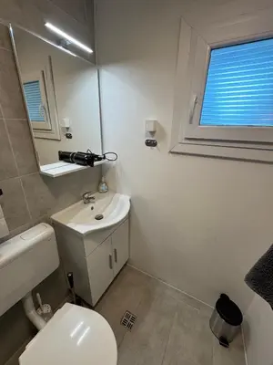 a bathroom with a toilet and a sink and a mirror at Ferienhaus Čatež Holzhaus an der Therme Čatež in Brežice