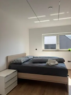 a bedroom with a bed and two windows at Modern Stay House Ptuj in Ptuj