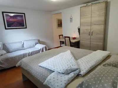 a bedroom with two beds and a couch and a table at Apartma Lastovka in Moravske Toplice