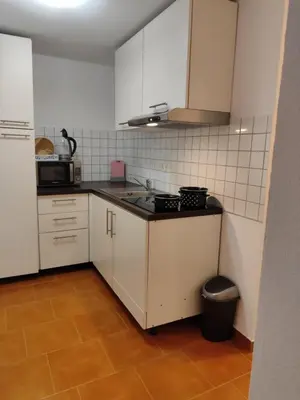 a kitchen with white cabinets and a black counter top at Apartma Lastovka in Moravske Toplice