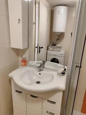a bathroom with a sink and a washing machine at Apartma Lastovka in Moravske Toplice