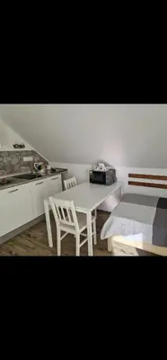 a white kitchen with a table and chairs and a stove at Apt Lublana in Ljubljana
