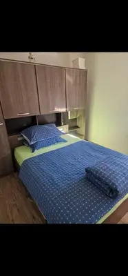a bedroom with a blue bed with wooden cabinets at Apt Lublana in Ljubljana