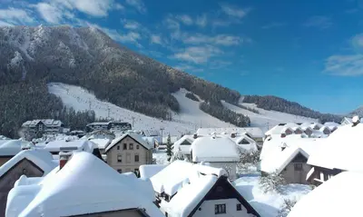 a town covered in snow with a mountain in the background at Apartment Šmon in Kranjska Gora