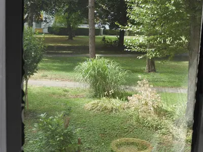 a view of a garden from a window at ONYX Apartments in Ljubljana