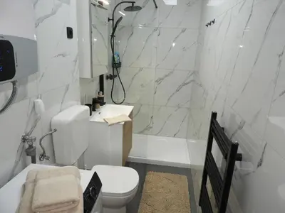 a bathroom with a toilet and a shower and a sink at ONYX Apartments in Ljubljana