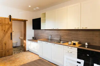a kitchen with white cabinets and a sink at Lipa Plac in Postojna