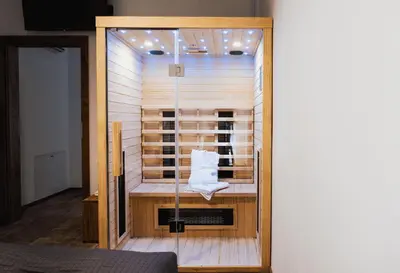 a sauna in a room with a glass door at Lipa Plac in Postojna
