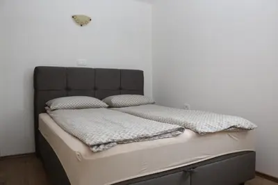 a bed with a black headboard in a room at Apartmaji Lukovi in Obrov