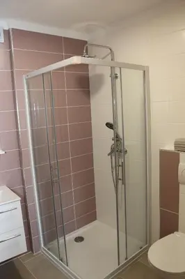 a shower with a glass door in a bathroom at Apartmaji Lukovi in Obrov