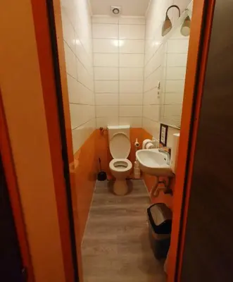 a small bathroom with a toilet and a sink at Bled Hostel II in Bled