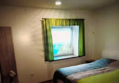 a bedroom with a window with a green curtain at Slovenian Green Apartment in Radovljica