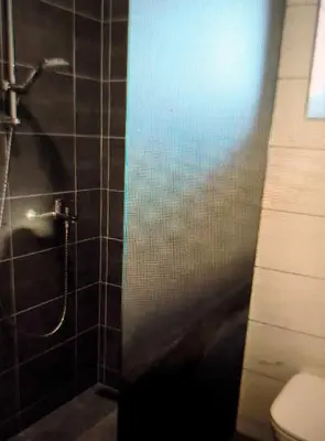 a bathroom with a shower stall and a toilet at Slovenian Green Apartment in Radovljica