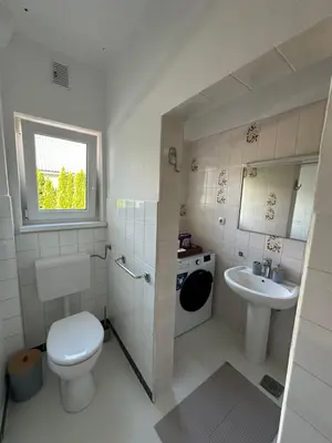 a small bathroom with a toilet and a sink at Toni's house in Bled