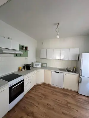 a kitchen with white appliances and a wooden floor at Toni's house in Bled