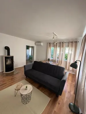 a living room with a black couch and a fireplace at Toni's house in Bled