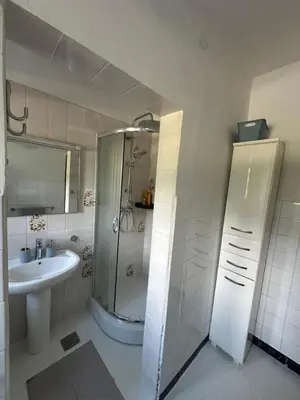 a bathroom with a shower and a sink at Toni's house in Bled